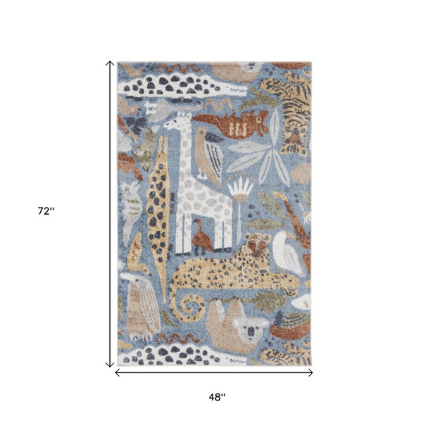 4' X 6' Ivory Blue And Beige Animal Print Area Rug