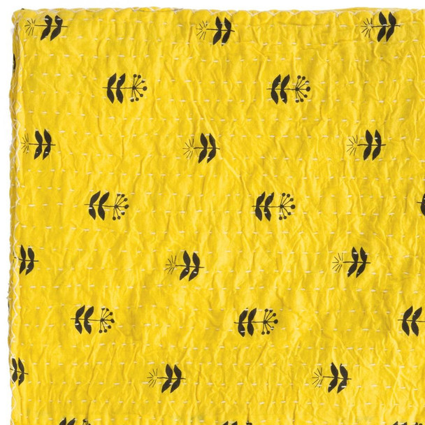 50" X 70" Yellow And Black Floral Cotton Quilted Kantha Throw Blanket with Embroidery