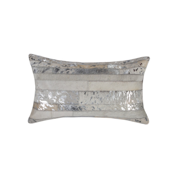 Set of Two 12" X 20" Gray and Silver Striped Cowhide Lumbar Throw Pillows with Glitter