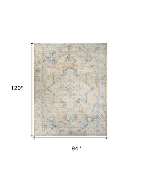 8' X 10' Beige And Blue Floral Medallion Washable Area Rug