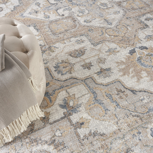 5' Beige And Gray Floral Medallion Washable Round Rug