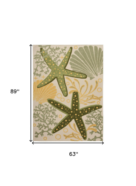 5' X 8' Green Yellow And Blue Starfish Indoor Outdoor Area Rug