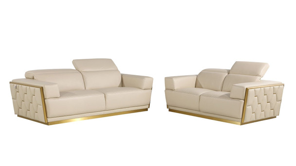 Two Piece Beige Italian Leather Five Person Seating Set