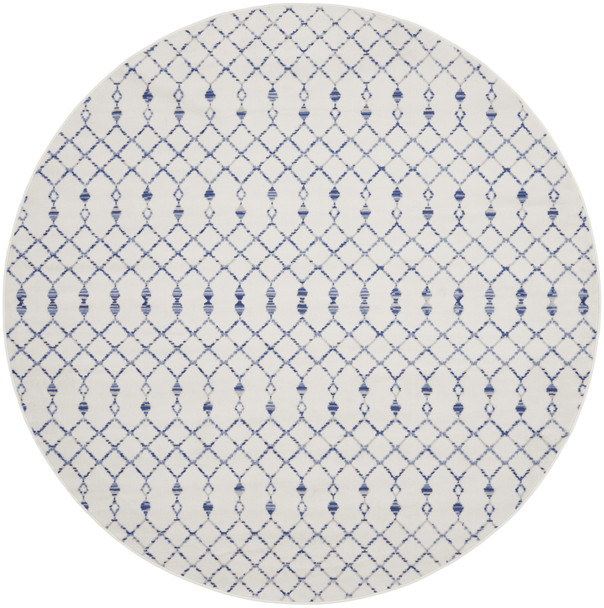 8' Ivory and Blue Geometric Round Rug