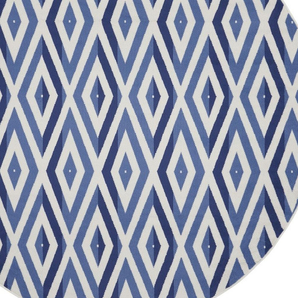 8' Ivory and Blue Geometric Round Rug