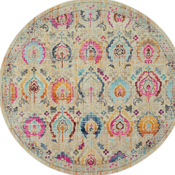 6' Ivory Pink And Orange Floral Distressed Round Rug