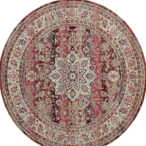 6' Ivory And Red Floral Distressed Round Rug