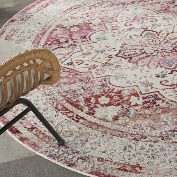 6' Ivory Red And Brown Floral Distressed Round Rug