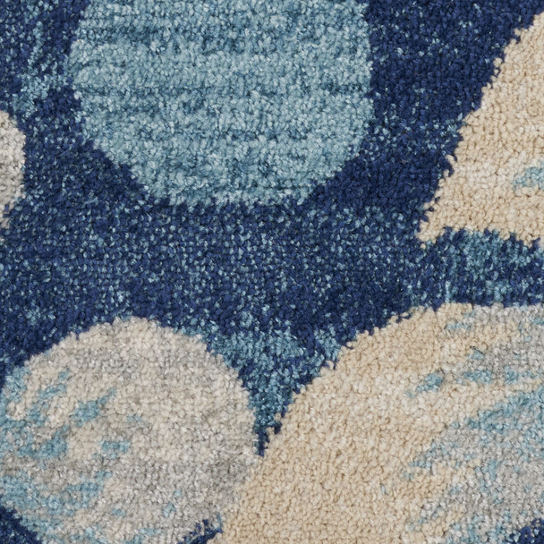 5' Navy Blue and Beige Botanical Leaves Round Rug