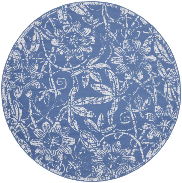 5' Blue And Ivory Floral Distressed Round Rug