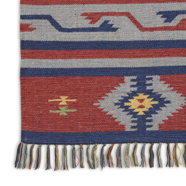 4' X 6' Blue and Red Southwestern Handmade Area Rug With Fringe