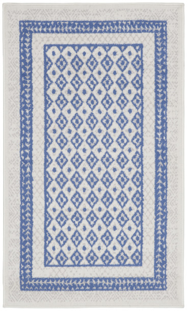 3' X 5' Ivory and Blue Geometric Distressed Area Rug
