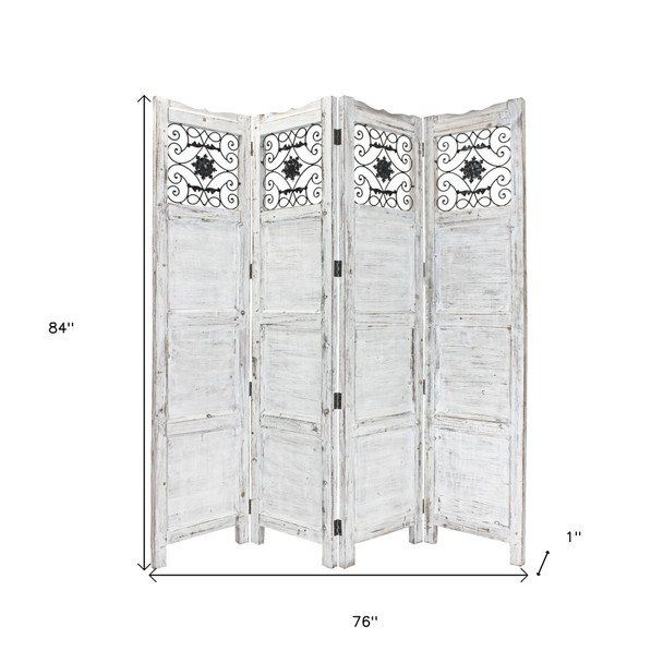 84" White Wood Folding Four Panel Screen Room Divider