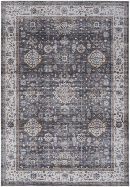 5' X 7' Charcoal and Ivory Oriental Distressed Non Skid Area Rug