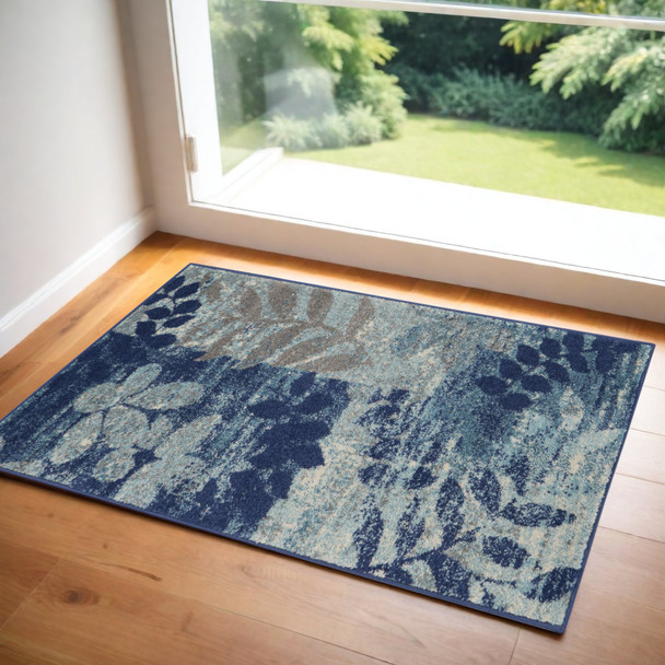 2' X 4' Navy Blue Light Blue and Gray Botanical Leaves Area Rug