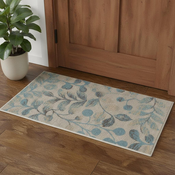 2' X 4' Ivory And Turquoise Botanical Leaves Area Rug