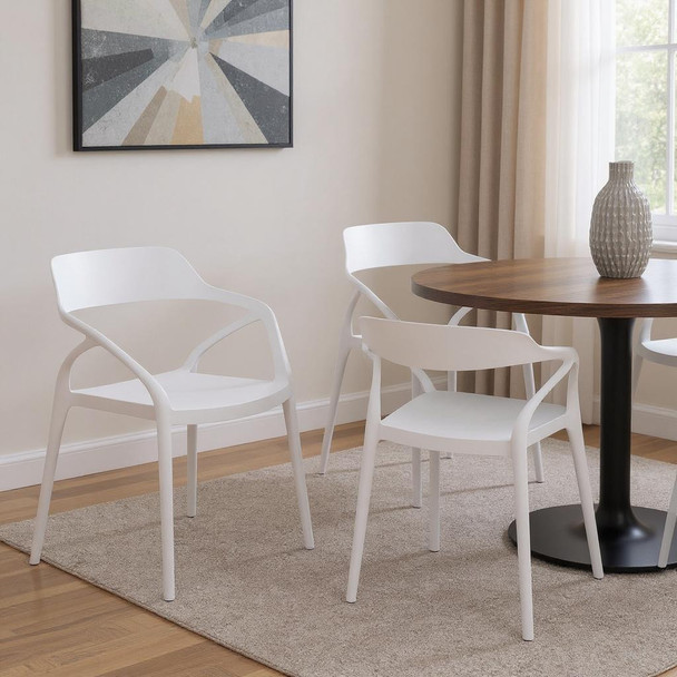 Set of Four White Heavy Duty Plastic Open Back Dining Arm Chairs