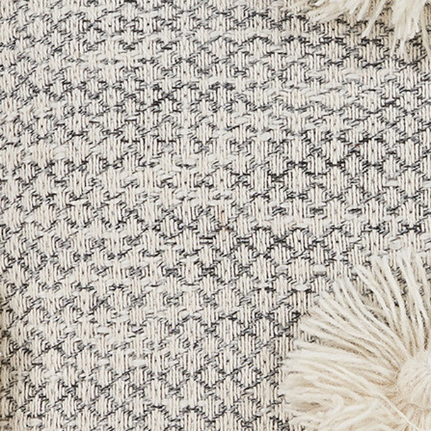Set of Two Gray and Ivory Floral Cotton Throw Pillows With Fringe