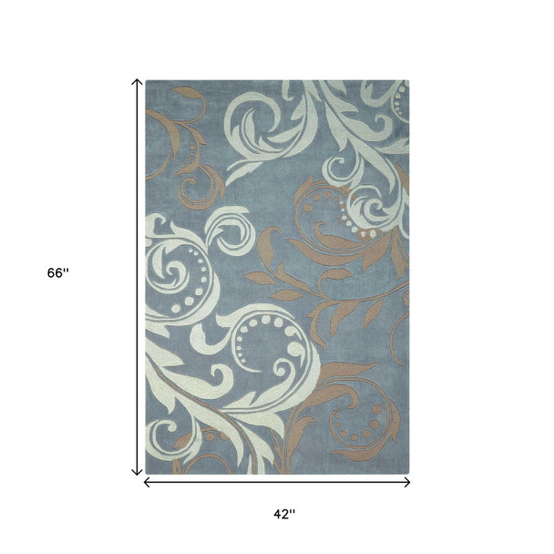 4' X 6' Ivory Slate Blue and Taupe Floral Area Rug