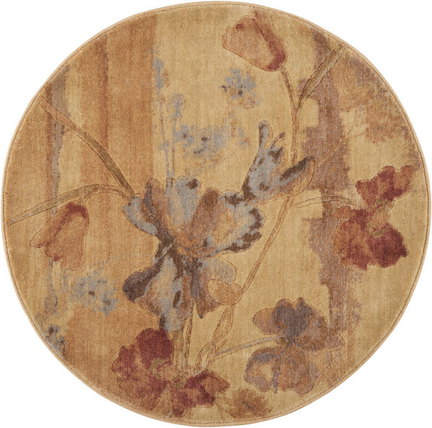 4' Beige Red And Orange Floral Round Rug