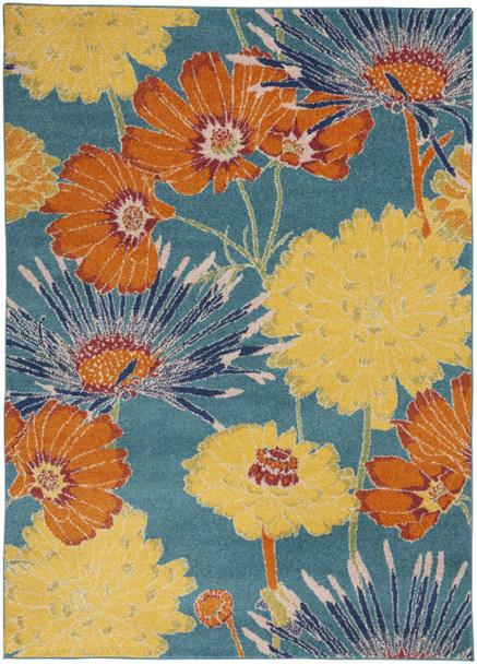 4' X 6' Blue Orange And Yellow Floral Area Rug