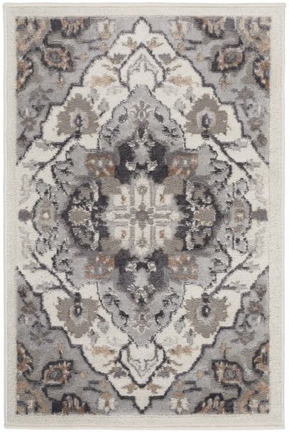 2' X 3' Ivory Black and Gray Floral Non Skid Area Rug