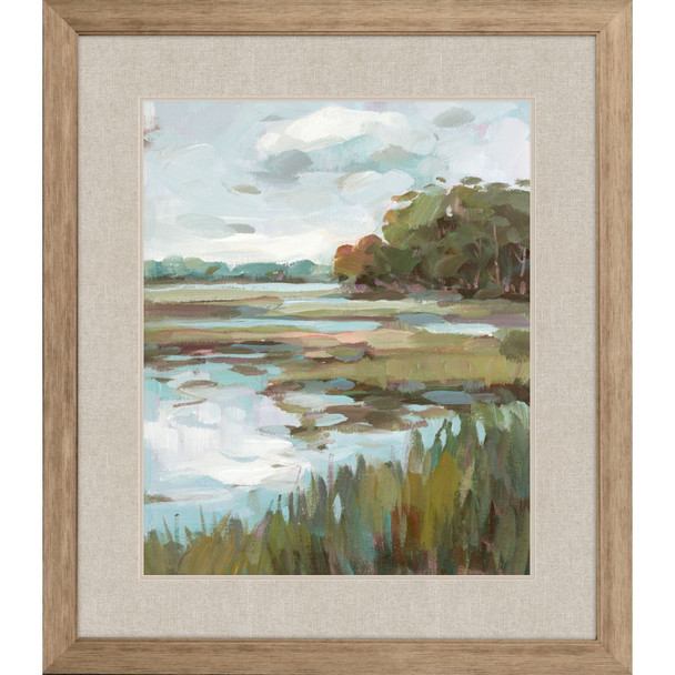 Riverside View Watercolor Waterscape Distressed Frame Wall Art