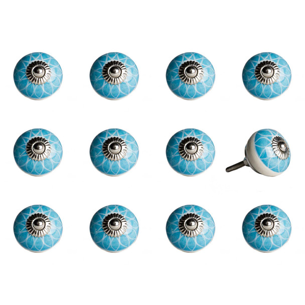 Set of Twelve Aqua White And Silver Geometric Ceramic Drawer Pull Knobs