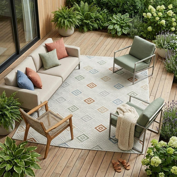 8' X 10' Cream and Beige Geometric Distressed Indoor Outdoor Area Rug