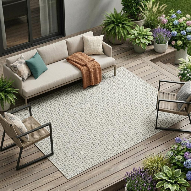 8' X 10' Cream and Beige Geometric Distressed Indoor Outdoor Area Rug