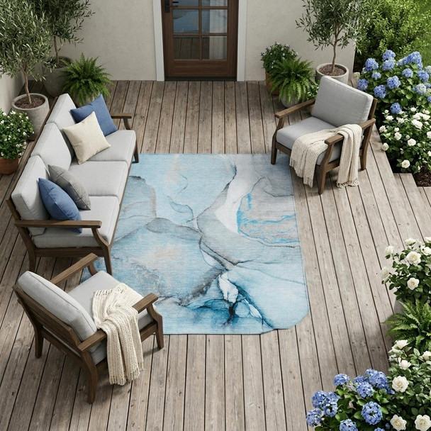 8' X 10' Blue and Ivory Abstract Washable Non Skid Indoor Outdoor Area Rug