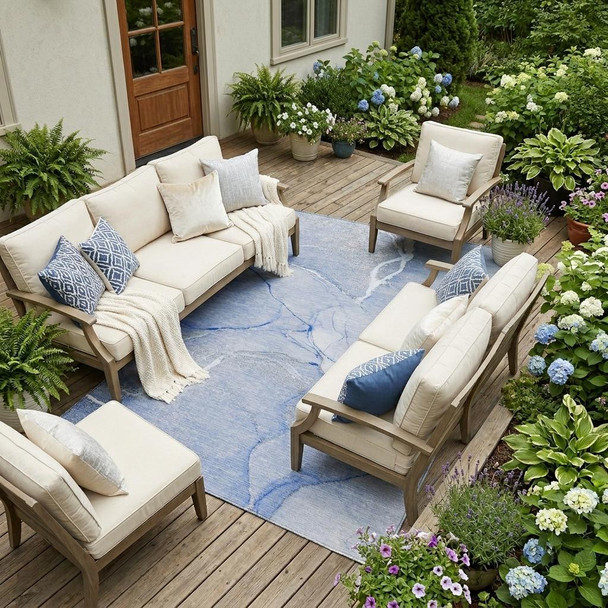 9' X 12' Blue Abstract Washable Non Skid Indoor Outdoor Area Rug