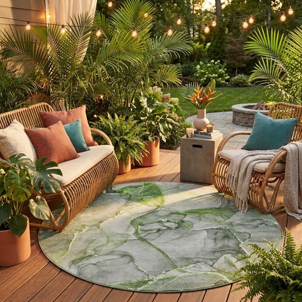8' Round Green Round Abstract Washable Non Skid Indoor Outdoor Area Rug