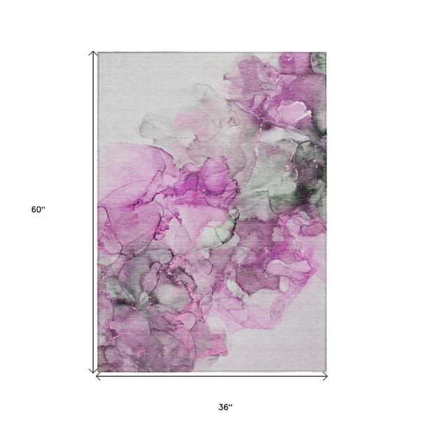 3' X 5' Gray and Purple Abstract Washable Non Skid Indoor Outdoor Area Rug