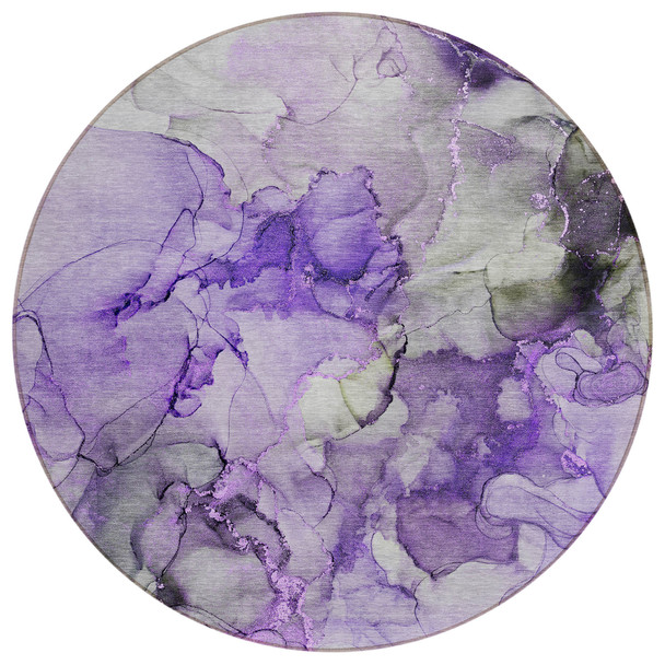 8' Round Purple Round Abstract Washable Non Skid Indoor Outdoor Area Rug