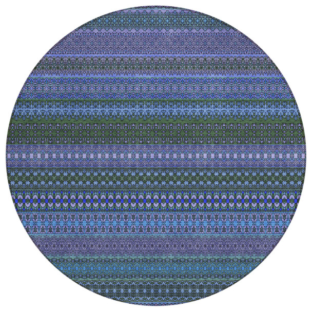 8' Round Blue and Green Round Striped Washable Non Skid Indoor Outdoor Area Rug