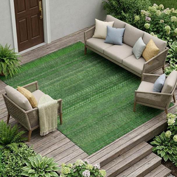 10' X 14' Fern Green Striped Washable Non Skid Indoor Outdoor Area Rug