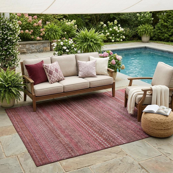 5' X 8' Merlot Striped Washable Non Skid Indoor Outdoor Area Rug