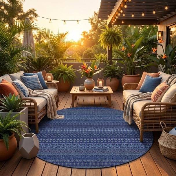 8' Round Navy Blue Round Striped Washable Non Skid Indoor Outdoor Area Rug
