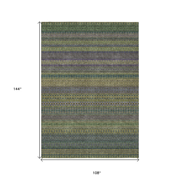 9' X 12' Olive Green Striped Washable Non Skid Indoor Outdoor Area Rug