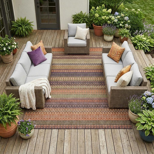 9' X 12' Orange Striped Washable Non Skid Indoor Outdoor Area Rug