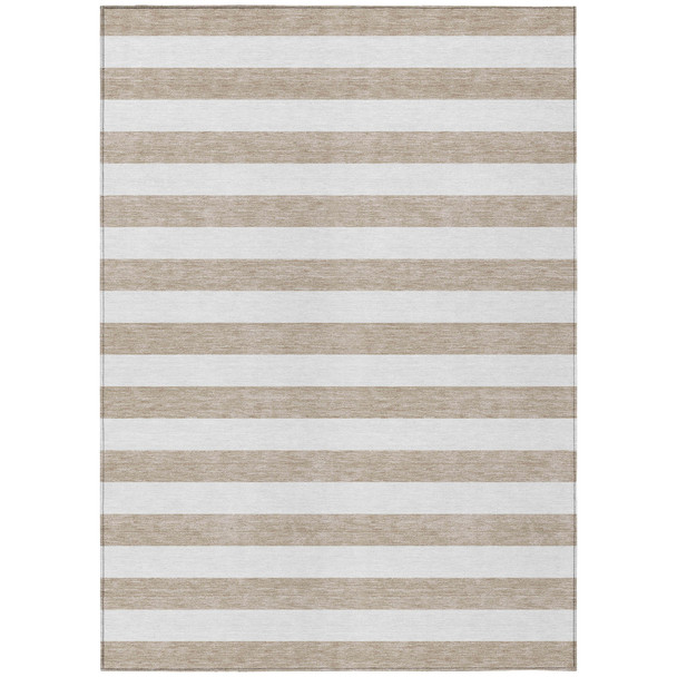 10' X 14' Taupe and White Striped Washable Indoor Outdoor Area Rug