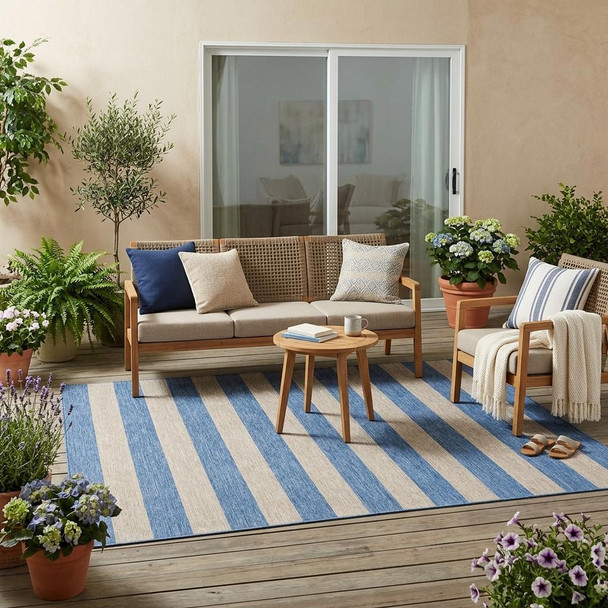 5' X 8' Tan Striped Washable Non Skid Indoor Outdoor Area Rug