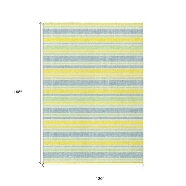 10' X 14' Blue and Yellow Striped Washable Non Skid Indoor Outdoor Area Rug