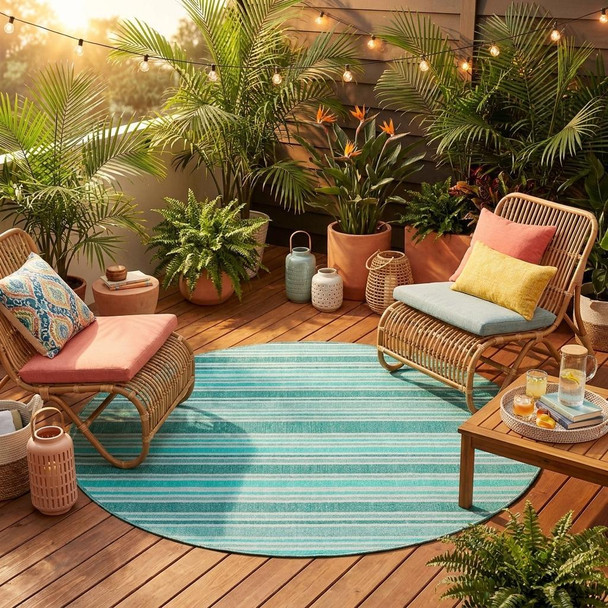 8' X 8' Turquoise Round Striped Washable Indoor Outdoor Area Rug