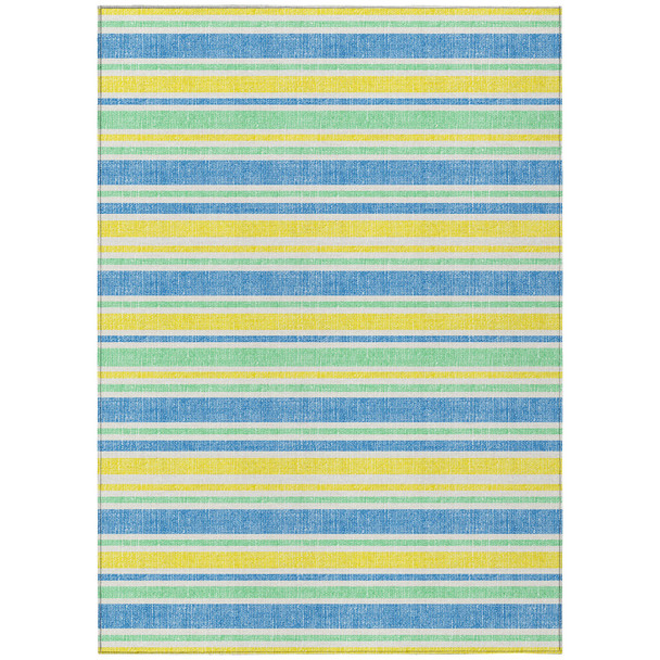 5' X 8' Blue Yellow and Green Striped Washable Non Skid Indoor Outdoor Area Rug