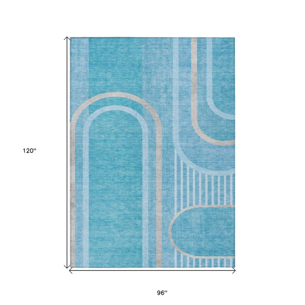 8' X 10' Teal Abstract Washable Indoor Outdoor Area Rug