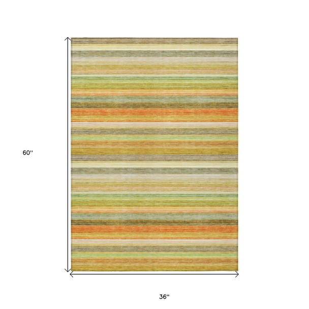 3' X 5' Artichoke Green Striped Washable Non Skid Indoor Outdoor Area Rug