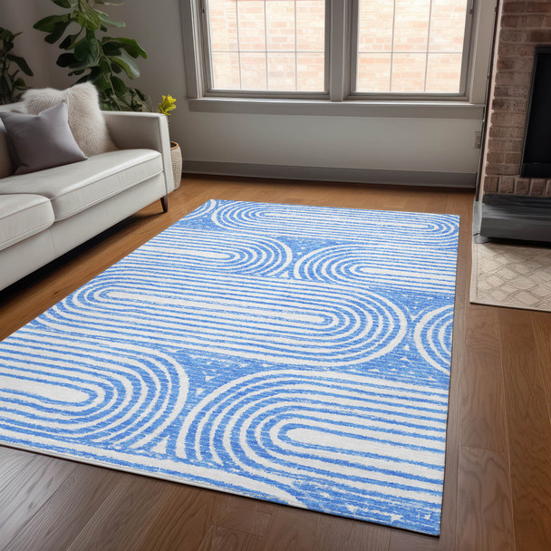 9' X 12' Blue and White Abstract Washable Non Skid Indoor Outdoor Area Rug