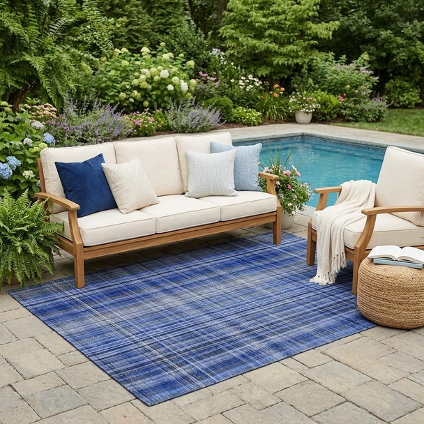 5' X 8' Navy Blue Plaid Washable Non Skid Indoor Outdoor Area Rug